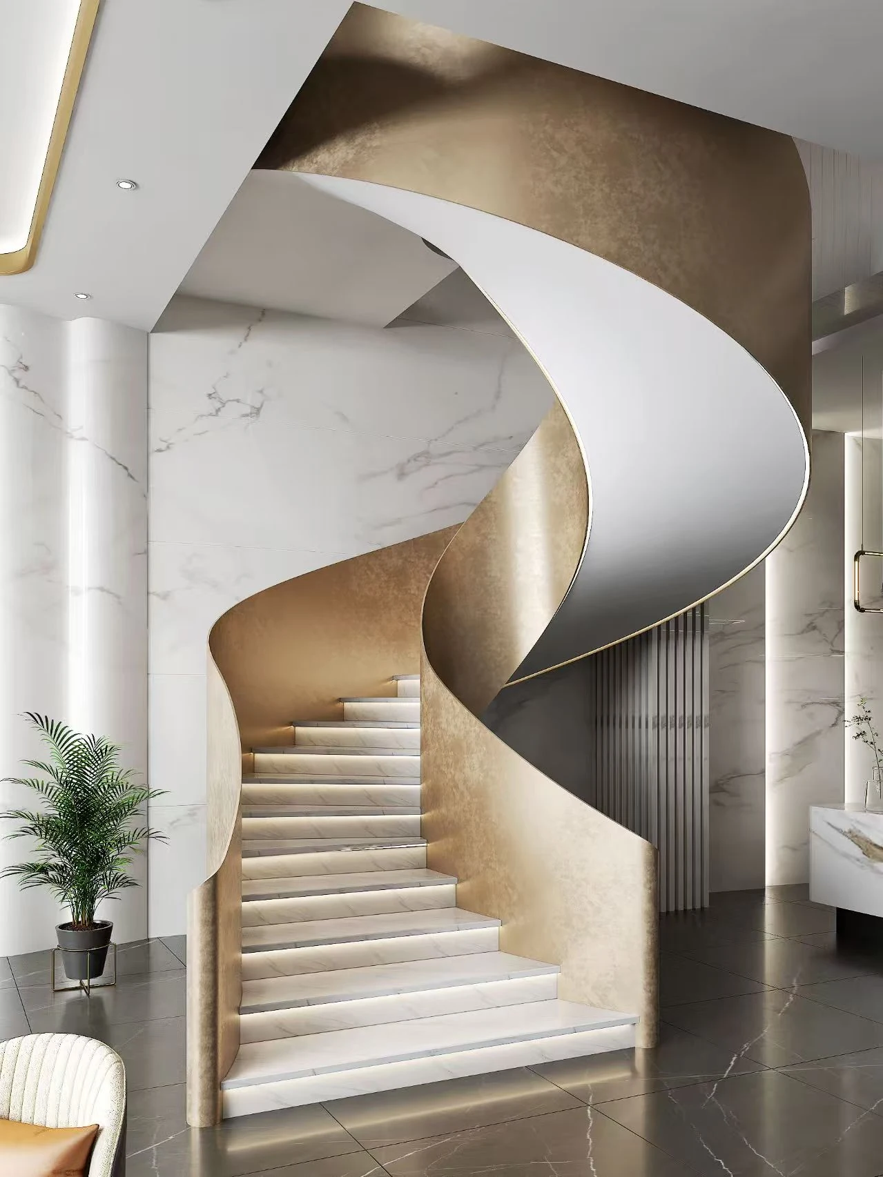 Gold-and-white curved staircase with illuminated treads in the Yishang Hotel interior in Xingsha, China.